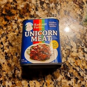 Radiant Farms unicorn meat think greek prop can tin can 3.5" x 2" x 3" Joke gift